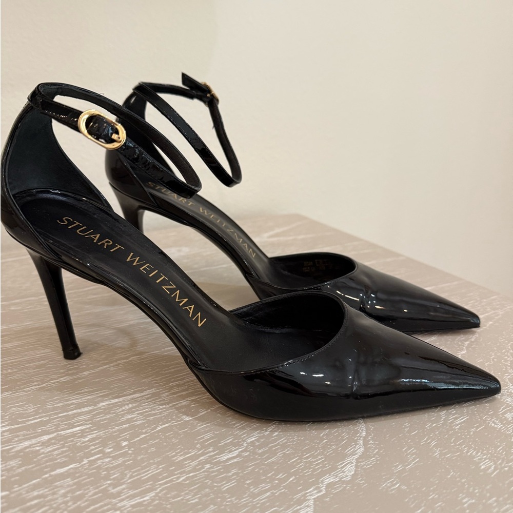 Stuart Weitzman Black Patent Leather Pointed Toe Ankle Strap Heels